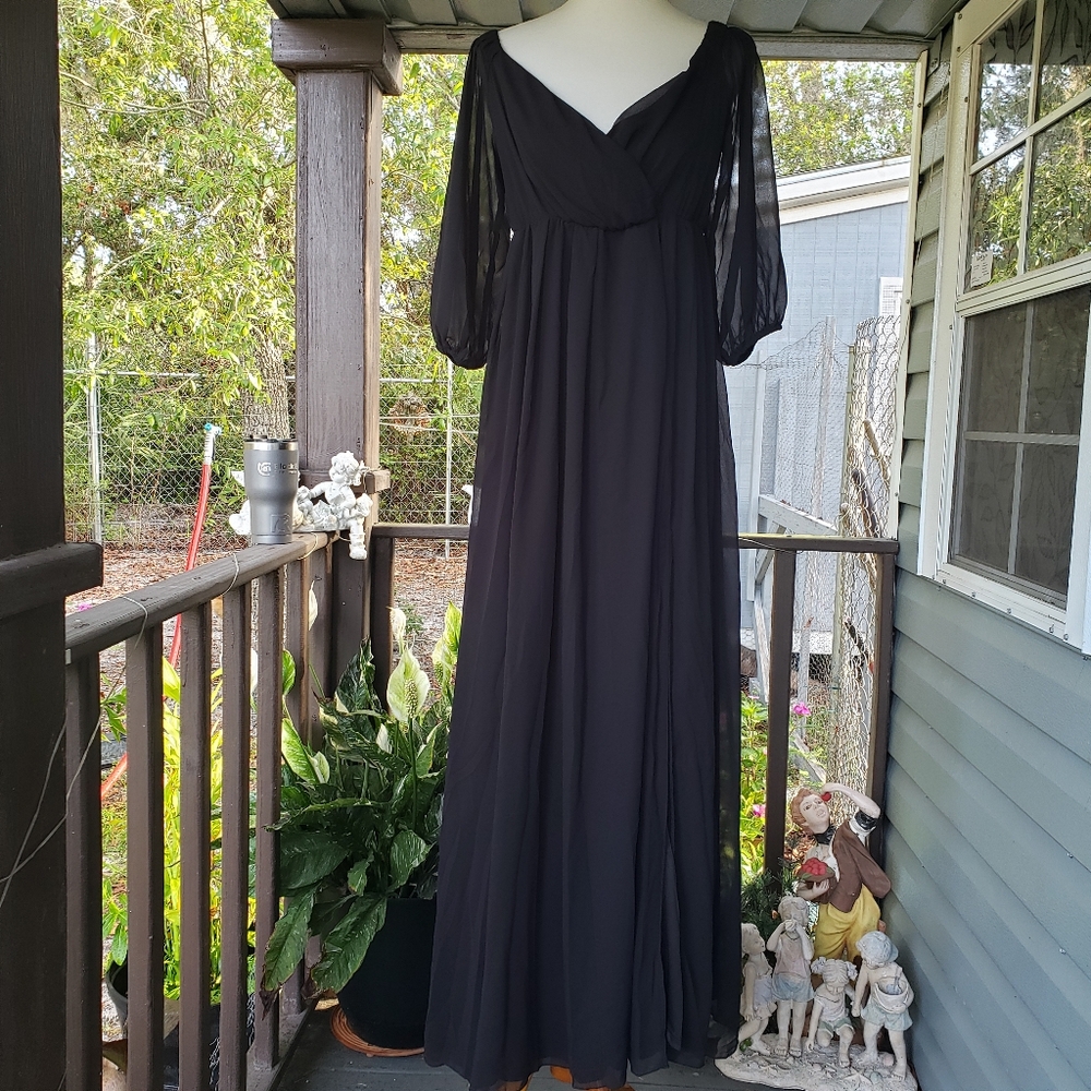 FAERIESTY Maxi Dress Size L Black Babydoll Sheer Sleeves Formal Flowy Evening